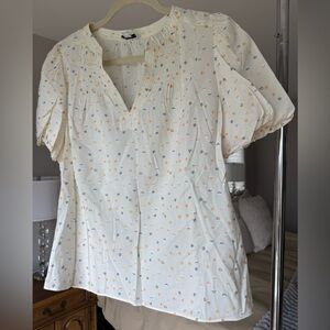 Current Air Cream Floral Pintuck Short Sleeve Blouse